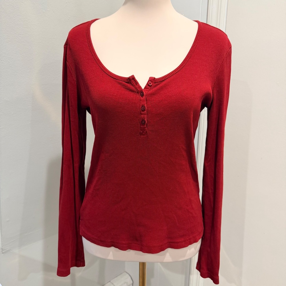 Pact Red Ribbed Henley Long Sleeve Top Organic Cotton | Size L